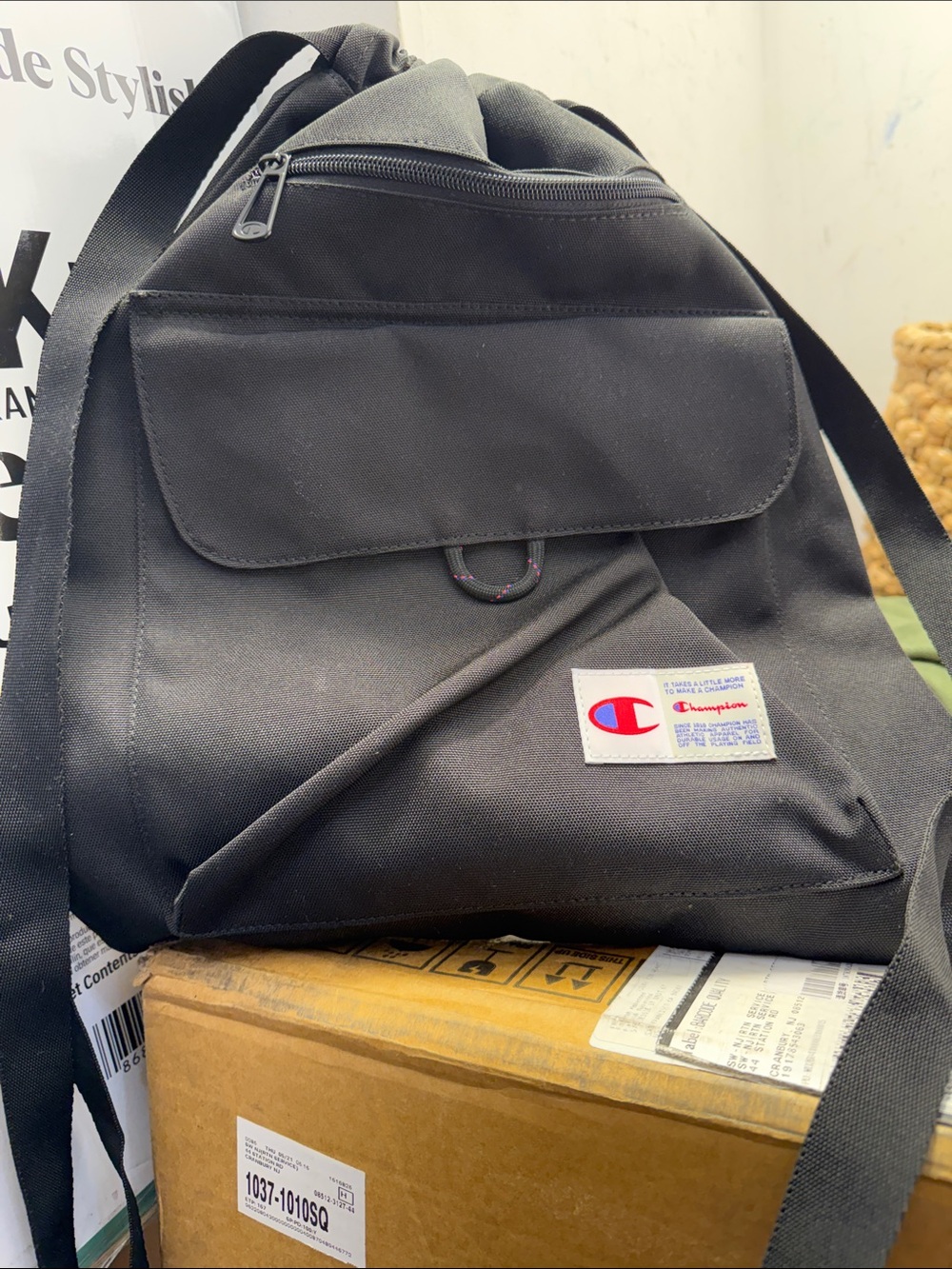 Champion Black Backpack with Front Flap and Logo Patch